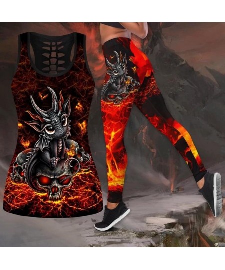 Lovely Dragon and Skull Red Fire Hollow Tank Top and Legging 3D Print Outfit for Women Casual Yoga Pants $22.95 - Bottoms