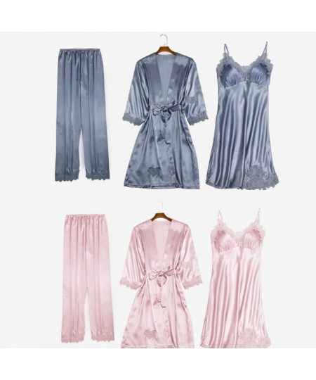 Sexy Women Pajamas 5 Pieces Sets Satin Sleepwear Silk Pyjamas Home Wear Embroidery Sleep Lounge Pyjama with Chest Pads $73.21...