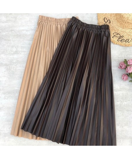 Winter Women Leather Skirts High Waist Solid Color Long Skirt PU Leather Elegant Fashion Women Pleated Midi Skirt Office Lady...