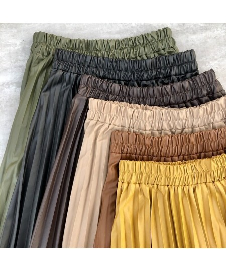 Winter Women Leather Skirts High Waist Solid Color Long Skirt PU Leather Elegant Fashion Women Pleated Midi Skirt Office Lady...