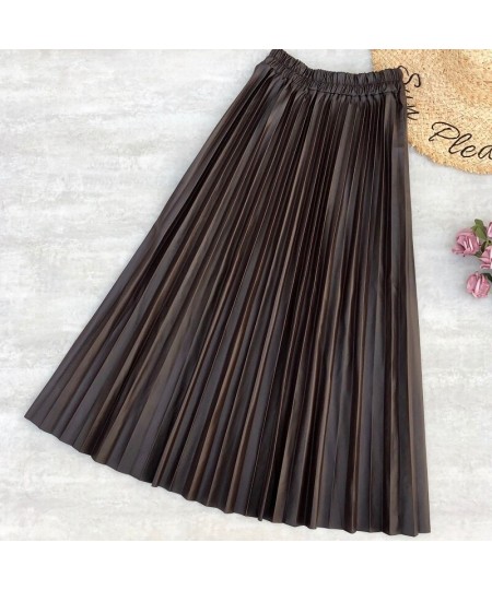 Winter Women Leather Skirts High Waist Solid Color Long Skirt PU Leather Elegant Fashion Women Pleated Midi Skirt Office Lady...