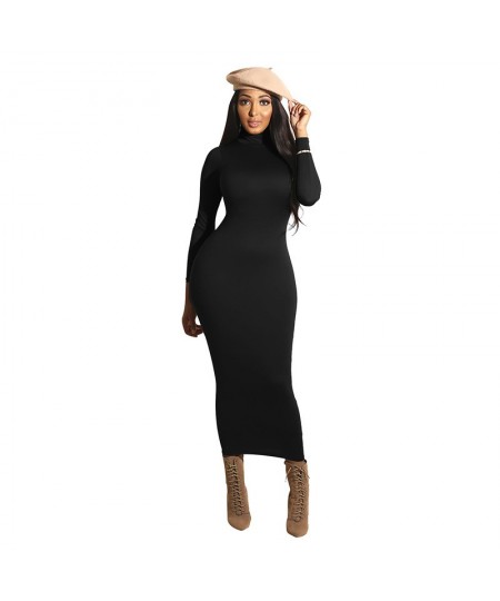 Nadafair Sexy Women Dress Long Sleeve Turtleneck Autumn Winter Solid Casual Basic Black White Bodycon Slim Maxi Dress For Wom...