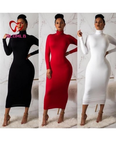 Nadafair Sexy Women Dress Long Sleeve Turtleneck Autumn Winter Solid Casual Basic Black White Bodycon Slim Maxi Dress For Wom...