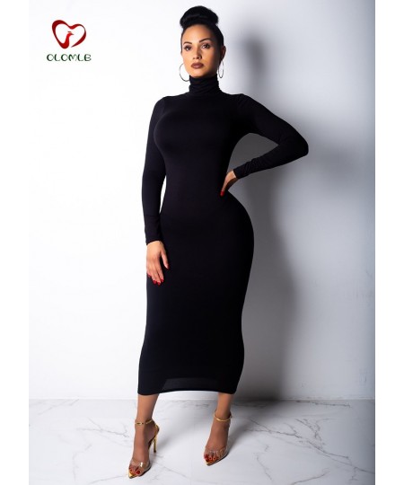 Nadafair Sexy Women Dress Long Sleeve Turtleneck Autumn Winter Solid Casual Basic Black White Bodycon Slim Maxi Dress For Wom...