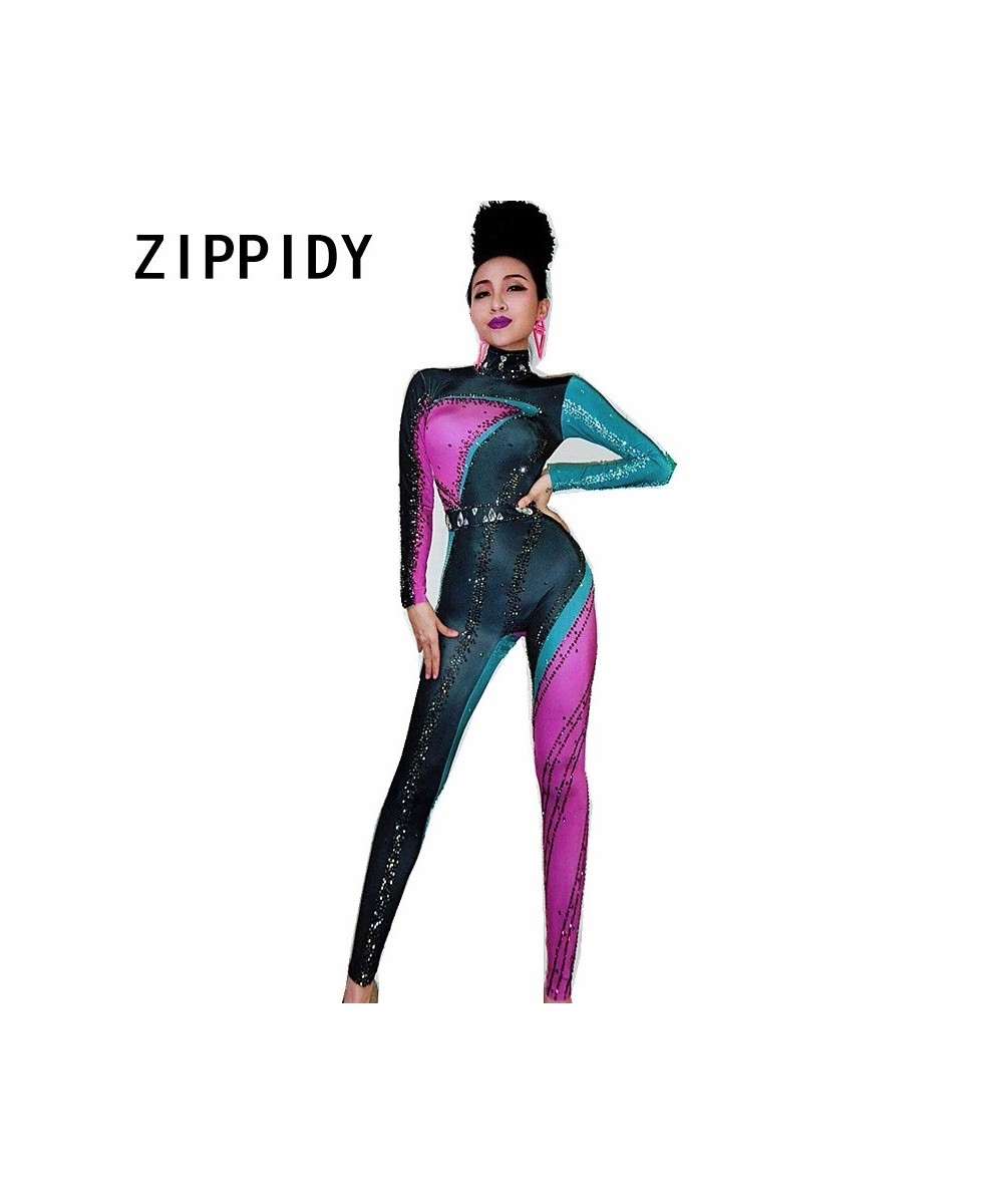 Colorful Stones Stretch Jumpsuit Long Sleeves One-piece Wear Nightclub Singer Dancer Bodysuit Women's Party Show Sexy Legging...