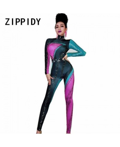 Colorful Stones Stretch Jumpsuit Long Sleeves One-piece Wear Nightclub Singer Dancer Bodysuit Women's Party Show Sexy Legging...