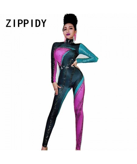 Colorful Stones Stretch Jumpsuit Long Sleeves One-piece Wear Nightclub Singer Dancer Bodysuit Women's Party Show Sexy Legging...