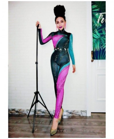 Colorful Stones Stretch Jumpsuit Long Sleeves One-piece Wear Nightclub Singer Dancer Bodysuit Women's Party Show Sexy Legging...