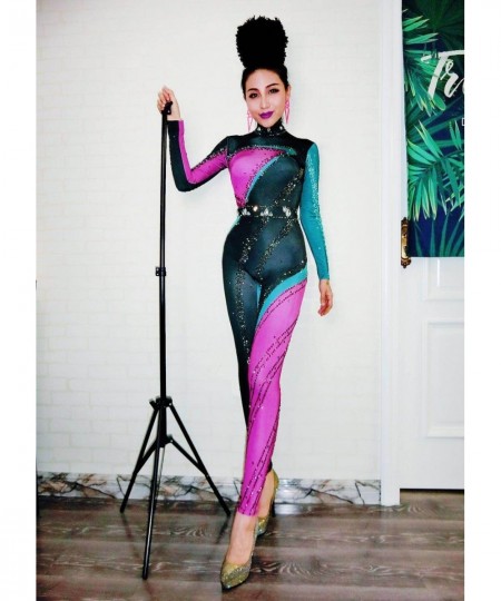 Colorful Stones Stretch Jumpsuit Long Sleeves One-piece Wear Nightclub Singer Dancer Bodysuit Women's Party Show Sexy Legging...