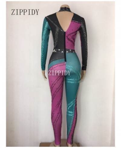 Colorful Stones Stretch Jumpsuit Long Sleeves One-piece Wear Nightclub Singer Dancer Bodysuit Women's Party Show Sexy Legging...