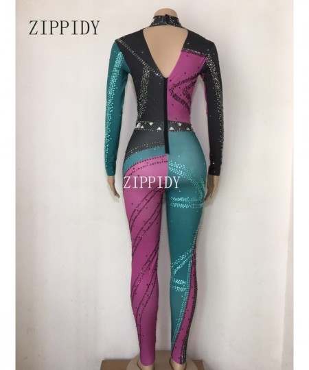 Colorful Stones Stretch Jumpsuit Long Sleeves One-piece Wear Nightclub Singer Dancer Bodysuit Women's Party Show Sexy Legging...