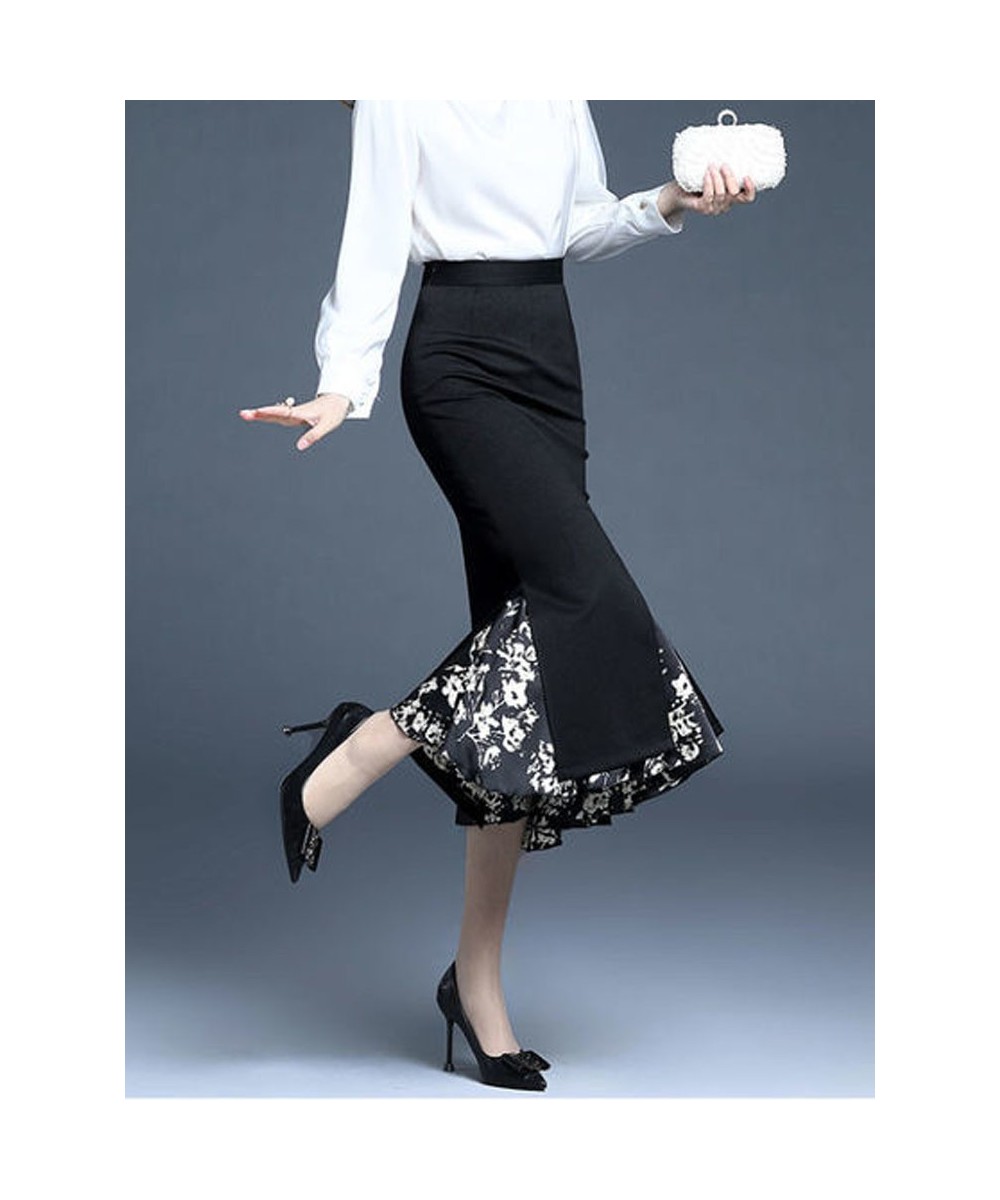 FairyShely 2022 Women Summer Mermaid Split Skirt Print Splice High Waist Skirts Knee Black Midi Office Lady Pencil Skirt $63....