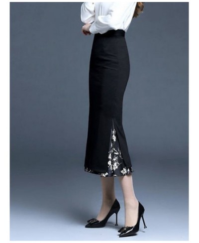 FairyShely 2022 Women Summer Mermaid Split Skirt Print Splice High Waist Skirts Knee Black Midi Office Lady Pencil Skirt $63....