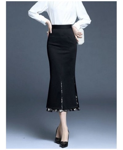 FairyShely 2022 Women Summer Mermaid Split Skirt Print Splice High Waist Skirts Knee Black Midi Office Lady Pencil Skirt $63....