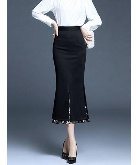 FairyShely 2022 Women Summer Mermaid Split Skirt Print Splice High Waist Skirts Knee Black Midi Office Lady Pencil Skirt $63....