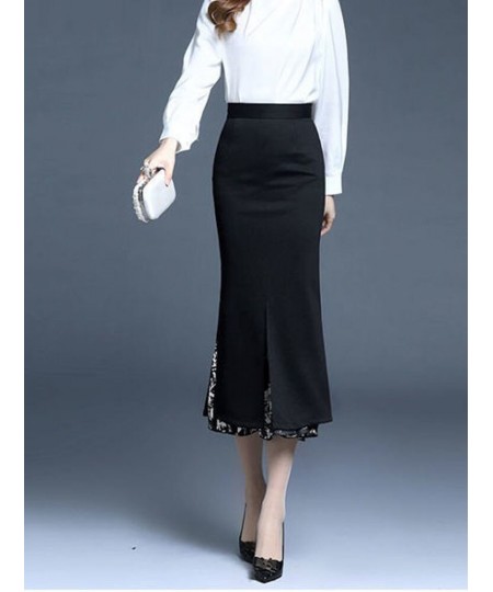 FairyShely 2022 Women Summer Mermaid Split Skirt Print Splice High Waist Skirts Knee Black Midi Office Lady Pencil Skirt $63....