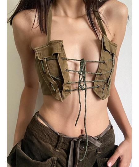 Khaki Vintage Bandage Lace Up Crop Tops for Women Club Party Sexy Backless Bow Lace-Up Summer Halter Y2K Tops Streetwear $27....