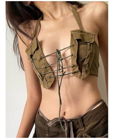 Khaki Vintage Bandage Lace Up Crop Tops for Women Club Party Sexy Backless Bow Lace-Up Summer Halter Y2K Tops Streetwear $27....