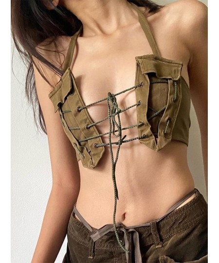 Khaki Vintage Bandage Lace Up Crop Tops for Women Club Party Sexy Backless Bow Lace-Up Summer Halter Y2K Tops Streetwear $27....