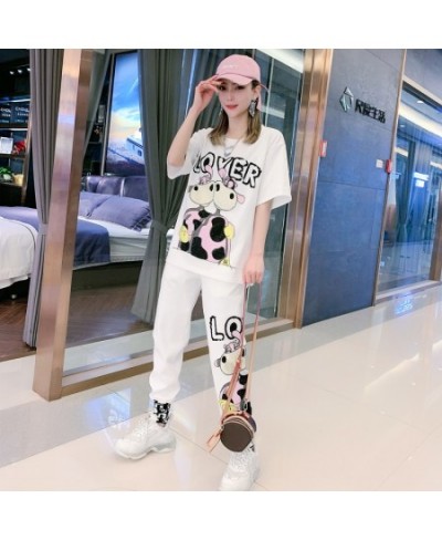 Spring White Diamond Cartoon Bear Short Sleeve Tracksuit Women Two Piece Sets T Shirt and Harem Pants $81.20 - Suits & Sets