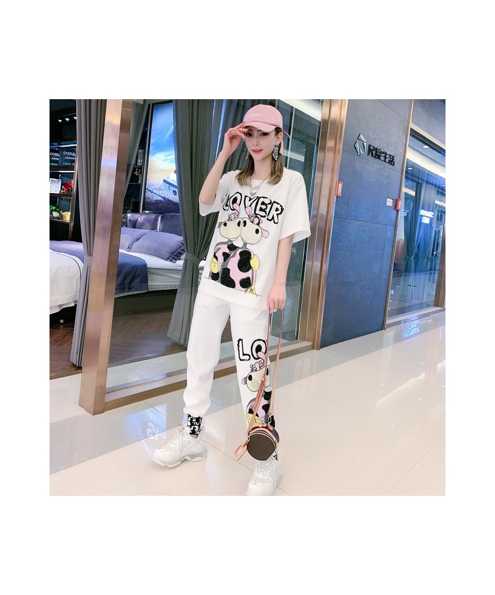 Spring White Diamond Cartoon Bear Short Sleeve Tracksuit Women Two Piece Sets T Shirt and Harem Pants $81.20 - Suits & Sets