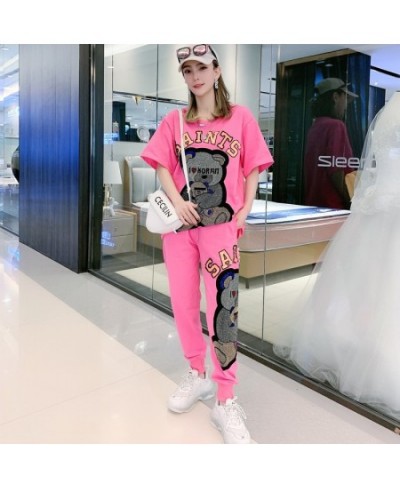 Spring White Diamond Cartoon Bear Short Sleeve Tracksuit Women Two Piece Sets T Shirt and Harem Pants $81.20 - Suits & Sets