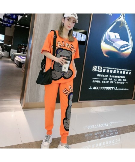 Spring White Diamond Cartoon Bear Short Sleeve Tracksuit Women Two Piece Sets T Shirt and Harem Pants $81.20 - Suits & Sets