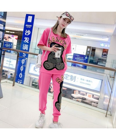 Spring White Diamond Cartoon Bear Short Sleeve Tracksuit Women Two Piece Sets T Shirt and Harem Pants $81.20 - Suits & Sets