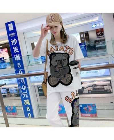 Spring White Diamond Cartoon Bear Short Sleeve Tracksuit Women Two Piece Sets T Shirt and Harem Pants $81.20 - Suits & Sets