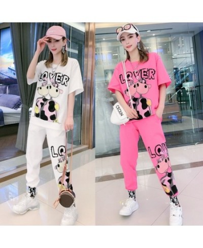 Spring White Diamond Cartoon Bear Short Sleeve Tracksuit Women Two Piece Sets T Shirt and Harem Pants $81.20 - Suits & Sets