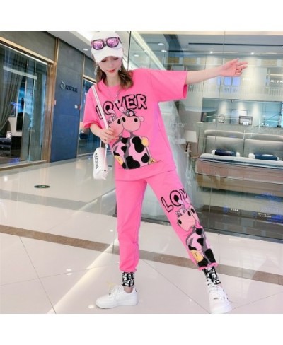 Spring White Diamond Cartoon Bear Short Sleeve Tracksuit Women Two Piece Sets T Shirt and Harem Pants $81.20 - Suits & Sets