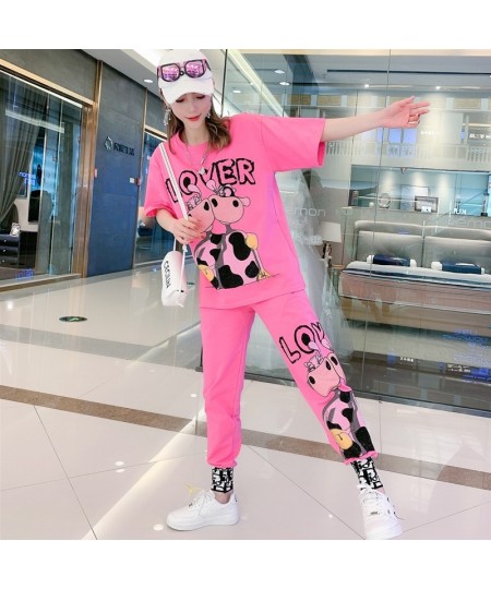 Spring White Diamond Cartoon Bear Short Sleeve Tracksuit Women Two Piece Sets T Shirt and Harem Pants $81.20 - Suits & Sets