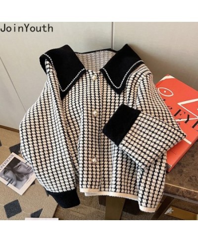 Temperament Jackets Women Sweet Sailor Collar Plaid Loose Outwear 2023 Ropa Mujer Korean Fashion Diamond Vintage Coat Y2k Top...