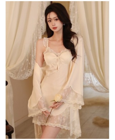 Women Spring Silk Lace Robe Spaghetti Strap Nightdress Pajamas Two Piece Suit Summer Sexy Lingerie Victorian Nightgowns $68.6...