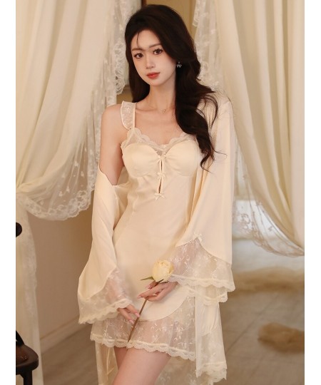 Women Spring Silk Lace Robe Spaghetti Strap Nightdress Pajamas Two Piece Suit Summer Sexy Lingerie Victorian Nightgowns $68.6...