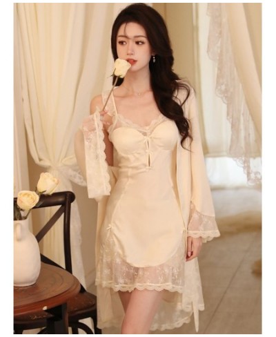 Women Spring Silk Lace Robe Spaghetti Strap Nightdress Pajamas Two Piece Suit Summer Sexy Lingerie Victorian Nightgowns $68.6...