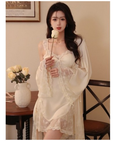 Women Spring Silk Lace Robe Spaghetti Strap Nightdress Pajamas Two Piece Suit Summer Sexy Lingerie Victorian Nightgowns $68.6...