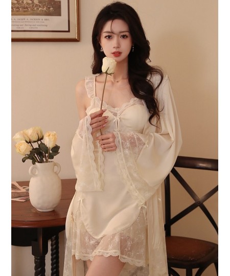 Women Spring Silk Lace Robe Spaghetti Strap Nightdress Pajamas Two Piece Suit Summer Sexy Lingerie Victorian Nightgowns $68.6...