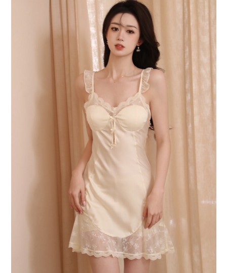 Women Spring Silk Lace Robe Spaghetti Strap Nightdress Pajamas Two Piece Suit Summer Sexy Lingerie Victorian Nightgowns $68.6...