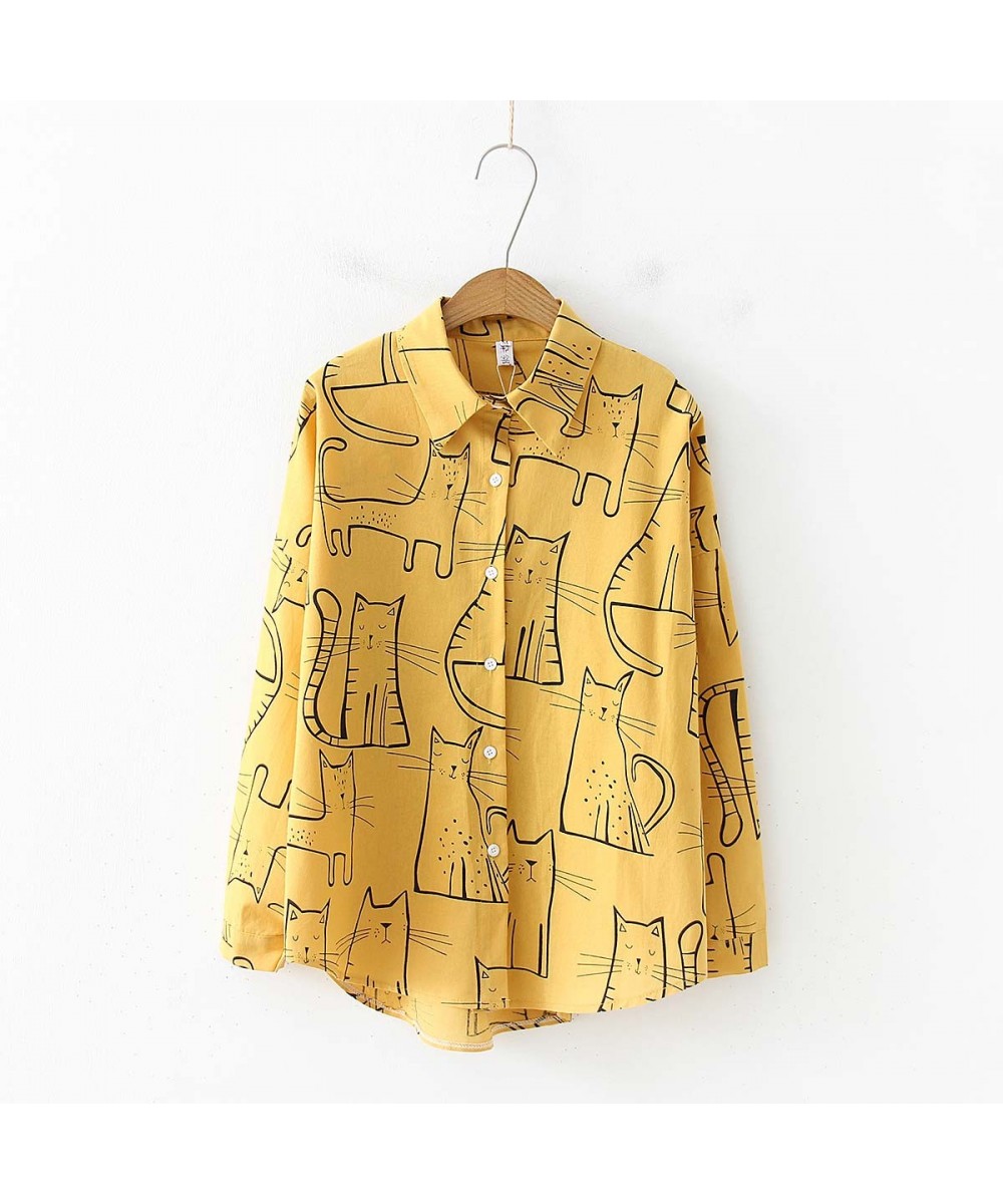 2023 Cartoon Cat Print Button Up Blouse Long Sleeve Turn Down Collar Shirt Sweet Girls Loose Plus Size Top T93905F $32.60 - B...