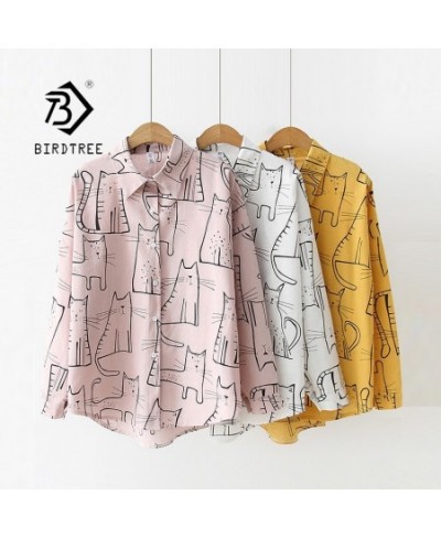 2023 Cartoon Cat Print Button Up Blouse Long Sleeve Turn Down Collar Shirt Sweet Girls Loose Plus Size Top T93905F $32.60 - B...