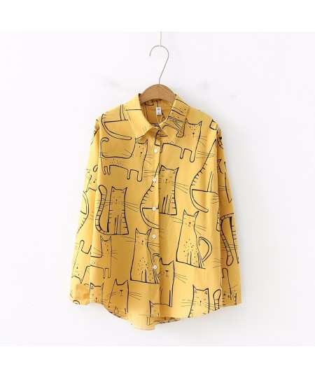 2023 Cartoon Cat Print Button Up Blouse Long Sleeve Turn Down Collar Shirt Sweet Girls Loose Plus Size Top T93905F $32.60 - B...