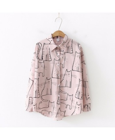 2023 Cartoon Cat Print Button Up Blouse Long Sleeve Turn Down Collar Shirt Sweet Girls Loose Plus Size Top T93905F $32.60 - B...