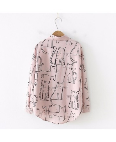 2023 Cartoon Cat Print Button Up Blouse Long Sleeve Turn Down Collar Shirt Sweet Girls Loose Plus Size Top T93905F $32.60 - B...