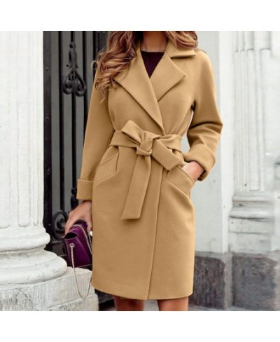 Winter Casual Office Pockets Trench Cardigan Jacket Female Fashion Solid Woolen Coats Elegant Turn-down Collar Lace-up $71.04...