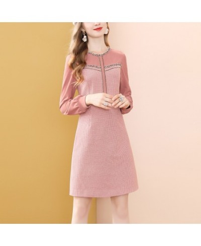 Fashion Pink Long Sleeve Dress Winter High Waist Tweed French Women Party A-Line Dresses Knee Length Holiday Vestidos $55.46 ...