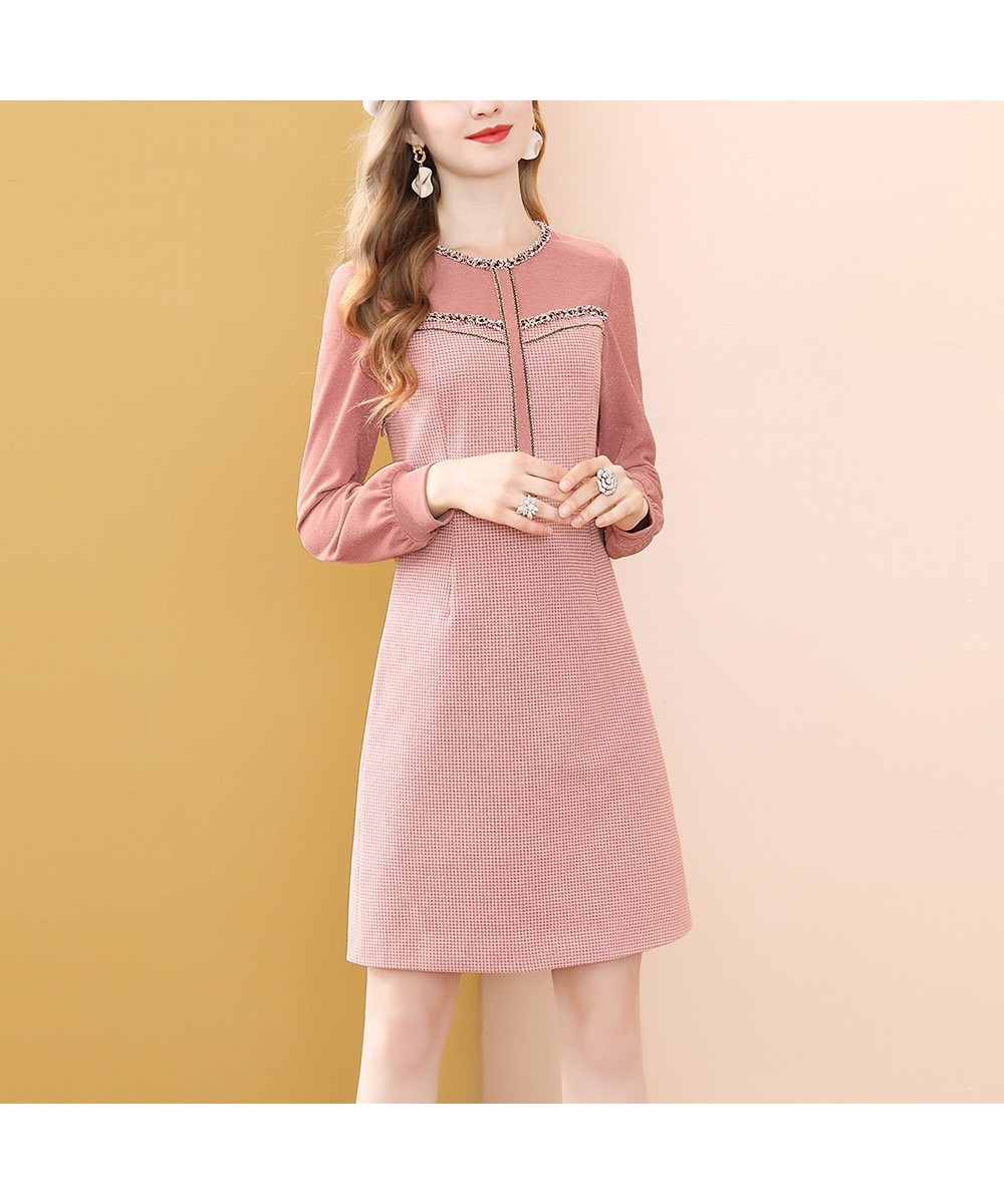 Fashion Pink Long Sleeve Dress Winter High Waist Tweed French Women Party A-Line Dresses Knee Length Holiday Vestidos $55.46 ...