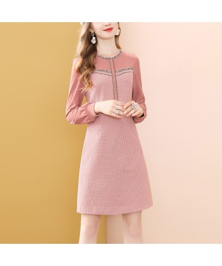 Fashion Pink Long Sleeve Dress Winter High Waist Tweed French Women Party A-Line Dresses Knee Length Holiday Vestidos $55.46 ...