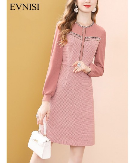 Fashion Pink Long Sleeve Dress Winter High Waist Tweed French Women Party A-Line Dresses Knee Length Holiday Vestidos $55.46 ...