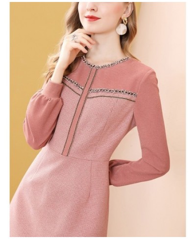 Fashion Pink Long Sleeve Dress Winter High Waist Tweed French Women Party A-Line Dresses Knee Length Holiday Vestidos $55.46 ...